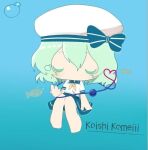  1girl alternate_costume barefoot blue_background blue_bow blue_hair blue_sailor_collar blue_skirt bow bubble character_name closed_eyes colored_eyelashes commentary english_text fish floating frilled_skirt frills gradient_background hat hat_bow heart heart_of_string komeiji_koishi light_blue_hair miniskirt neckerchief sailor sailor_collar shirt short_sleeves skirt striped striped_bow suzune_hapinesu third_eye touhou underwater white_headwear white_shirt white_stripes yellow_neckerchief 