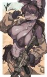  absurd_res anthro automatic_rifle black_body black_fur black_hair blush bodily_fluids breasts canid canine canis clothing female fur green_eyes hair hi_res holding_object holding_weapon iepelppa looking_at_viewer mammal military_uniform solo uniform weapon wolf 