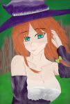  black_souls breasts dorothy_(black_souls) green_eyes hat highres large_breasts large_hat orange_hair original rpg_maker smile sparkle witch witch_hat 