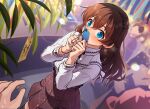  1boy 1girl black_thighhighs blue_eyes blush bow_hairband bracelet brown_hair brown_skirt dutch_angle hairband highres holding holding_paper idolmaster idolmaster_million_live! jewelry kamille_(vcx68) looking_at_viewer nose_blush omikuji outdoors paper people pov pov_hands satake_minako shirt skirt solo_focus thighhighs white_shirt 