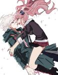  1boy 1girl :d bear_hair_ornament black_shirt blonde_hair danganronpa:_trigger_happy_havoc danganronpa_(series) danganronpa_2:_goodbye_despair enoshima_junko from_side green_jacket grey_hair hair_ornament highres hood hood_down hooded_jacket jacket komaeda_nagito long_hair long_sleeves miniskirt monigechan nail_polish necktie plaid plaid_skirt pleated_skirt red_nails red_skirt shirt simple_background skirt smile sparkle teeth twintails upper_teeth_only white_background 