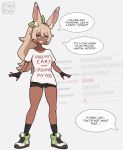  1girl animal_ears black_shorts black_socks blonde_hair blue_eyes clothes_writing dark-skinned_female dark_skin english_text fingerless_gloves frey_(freydraws) freydraws gloves grey_background grey_shirt grin hair_between_eyes highres looking_at_viewer misunderstanding original ponytail rabbit_ears shirt shoes short_sleeves shorts smile socks solo speech_bubble standing teeth 