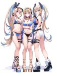  3girls ass bikini black_gloves blonde_hair blue_bikini blue_eyes blue_hair blue_one-piece_swimsuit breasts cleavage fingerless_gloves flower gloves hair_flower hair_ornament highres jewelry long_hair looking_at_viewer medium_breasts morros multicolored_hair multiple_girls navel necklace o-ring o-ring_bikini one-piece_swimsuit original ponytail star_(symbol) star_necklace streaked_hair sunflower swimsuit twintails v 