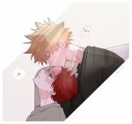  !? 2boys bakugou_katsuki black_sweater blonde_hair blue_eyes boku_no_hero_academia grey_sweater highres kiss kissing_forehead male_focus multiple_boys nkt_tb red_hair short_hair sound_effects sweater todoroki_shouto translation_request twitter_username upper_body white_background yaoi 