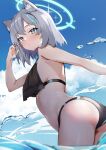  1girl animal_ear_fluff animal_ears ass blue_archive blue_eyes blush breasts cross_hair_ornament extra_ears grey_hair hair_ornament halo highres looking_at_viewer medium_breasts medium_hair mismatched_pupils nohohon_neko outdoors shiroko_(blue_archive) solo swimsuit thighs wading water wolf_ears 
