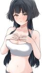  1girl alternate_costume black_hair blush breasts cleavage collarbone hands_on_own_chest idolmaster idolmaster_shiny_colors large_breasts long_hair looking_at_viewer mayuzumi_fuyuko navel pdal_(pdalhhh) simple_background solo sports_bra stomach very_long_hair white_background white_sports_bra 