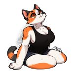  1:1 2023 :&lt; anthro big_breasts black_clothing black_shirt black_topwear bottomwear breasts calico_cat cheek_tuft claws cleavage clothed clothing cutoffs denim denim_clothing domestic_cat eyebrows eyeliner facial_tuft felid feline felis female fur hand_on_ground hi_res inner_ear_fluff looking_up makeup mammal multicolored_body multicolored_fur orange_eyes rodd.y shirt shorts simple_background sitting sitting_on_ground solo tank_top thick_thighs topwear tuft 