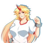  1girl blonde_hair blush breasts clenched_hand commentary_request covered_nipples cuffs drop_shadow eyes_visible_through_hair grin hand_on_own_hip harukana_(pixiv) horns hoshiguma_yuugi large_breasts long_hair looking_at_viewer medium_bangs parted_bangs red_eyes red_horns shackles shirt simple_background single_horn smile solo star_(symbol) t-shirt touhou upper_body very_long_hair white_background white_shirt 