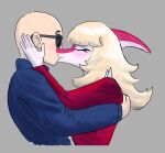  2023 anthro bald blonde_hair blush clothing digital_drawing_(artwork) digital_media_(artwork) dinosaur duo embrace eyelashes eyes_closed eyewear female female_on_human fingers grey_background hadrosaurid hair hi_res hug human human_on_anthro i_wani_hug_that_gator inco_(iwhtg) interspecies jacket kissing leather leather_clothing leather_jacket leather_topwear light-skinned_male light_body light_skin long_hair male male/female male_on_anthro mammal mia_(iwhtg) multicolored_body multicolored_scales ornithischian parasaurolophus red_body red_scales reptile scales scalie simple_background snout sunglasses tan_body tan_scales topwear two_tone_body two_tone_scales unknown_artist 