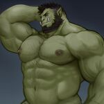  110_(ylnzei) 1boy abs arm_behind_head bara beard bored chest_hair colored_skin completely_nude facial_hair green_skin groin highres large_pectorals looking_to_the_side male_focus mature_male monster_boy muscular muscular_male navel navel_hair nipples nude orc original pectorals pointy_ears red_eyes scratching_head short_hair solo stomach strongman_waist thick_eyebrows tusks 