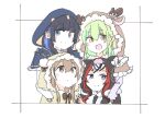  4girls :d animal_hood bear_hood black_capelet blue_eyes blue_hair brown_capelet brown_eyes brown_hair capelet ceres_fauna chiisai crossed_bangs deer_hood dot_mouth earrings fur_trim green_hair hakos_baelz highres holocouncil hololive hololive_english hood jewelry looking_at_viewer looking_up mole mole_under_eye multicolored_hair multiple_girls nanashi_mumei official_alternate_costume ouro_kronii red_hair simple_background smile snake_hood streaked_hair tasmanian_devil_ears virtual_youtuber yellow_eyes 