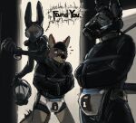  absurd_res anthro bdsm bondage bound canid canine caramelbunz clothing diaper fox gas_mask group hi_res lagomorph leporid light_switch lock_symbol male mammal mask rabbit restraints rubber rubber_clothing rubber_suit straitjacket text trio 