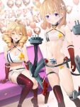  2girls :o ahoge anti-aircraft anti-aircraft_gun asymmetrical_footwear azur_lane balloon bare_shoulders black_choker blonde_hair boots breasts chicago_(azur_lane) chicago_(azur_lane)_(cosplay) choker cleavage closed_eyes collarbone commentary_request commission confetti cosplay couch criss-cross_halter crop_top drill_hair eagle_union_(emblem) elbow_gloves expressionless flat_chest gloves gochuumon_wa_usagi_desu_ka? hair_between_eyes hair_ornament hairclip halterneck happy_birthday hoto_cocoa indoors knee_boots large_breasts long_hair looking_at_viewer maki_(seventh_heaven_maxion) micro_shorts midriff multiple_girls navel on_couch open_mouth orange_hair parted_lips pixiv_commission pubic_tattoo purple_eyes red_footwear red_gloves rigging same_birthday shadow shirt shorts sidelocks single_knee_boot single_thigh_boot sitting sleeveless sleeveless_shirt smile standing star_(symbol) star_choker tattoo thigh_boots thigh_strap turret white_shirt white_shorts 