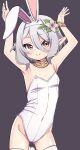  1girl animal_ears armpits arms_up bare_arms bare_shoulders black_background blush bracelet breasts commentary covered_navel eyes_visible_through_hair fake_animal_ears flower godyuurei grey_hair hair_between_eyes hair_flower hair_ornament hairband highres jewelry kokkoro_(princess_connect!) leotard looking_at_viewer playboy_bunny pointy_ears princess_connect! rabbit_ears red_eyes simple_background small_breasts smile solo strapless strapless_leotard thighhighs white_hairband white_leotard white_thighhighs 