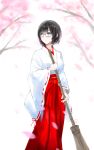  1girl akito1218 bamboo_broom black_hair blue_eyes branch broom cherry_blossoms glasses hakama highres holding holding_broom japanese_clothes kimono long_sleeves miko original outdoors parted_lips petals red_hakama ribbon-trimmed_sleeves ribbon_trim short_hair simple_background solo tree white_background white_kimono wind wind_lift 