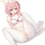  1girl absurdres anus blue_archive blush bow bow_bra bra breasts censored cleavage feet full_body halo hat highres lhj85313 medium_breasts mosaic_censoring navel no_panties no_shoes nurse_cap pantyhose pink_bra pink_eyes pink_hair pussy serina_(blue_archive) sitting soles solo torn_clothes torn_pantyhose underwear white_background white_pantyhose 