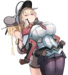  2girls bismarck_(kancolle) black_pantyhose black_skirt blonde_hair blush breasts brown_gloves capelet closed_mouth gloves graf_zeppelin_(kancolle) grey_headwear hat highres kantai_collection large_breasts long_hair long_sleeves military military_uniform multiple_girls one_eye_closed pantyhose peaked_cap pleated_skirt purple_eyes simple_background simplecar skirt uniform white_background white_headwear 