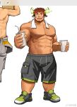  1boy :d abs animal_ears bad_id bad_weibo_id bara brown_eyes brown_hair cow_boy cow_ears cow_horns dark-skinned_male dark_skin eye_black facial_hair fiery_horns forked_eyebrows full_body glowing_horns goatee highres horns incoming_drink large_hands large_pectorals male_focus muscular muscular_male navel nipples pectorals short_hair shorts smile solo_focus spiked_hair stomach strongman_waist tekkowang thick_eyebrows tokyo_afterschool_summoners topless_male wakan_tanka white_shorts 