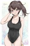  1girl alternate_costume artist_name ass_visible_through_thighs black_one-piece_swimsuit blush border breasts brown_eyes brown_hair cowboy_shot dated gakky highres kaga_(kancolle) kantai_collection large_breasts multicolored_background one-piece_swimsuit short_hair side_ponytail swimsuit towel white_border 
