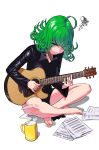  1girl acoustic_guitar ahoge annoyed bare_legs barefoot black_dress breasts closed_mouth commentary_request cup dress feet full_body green_eyes green_hair grey_hair guitar highres holding holding_instrument indian_style instrument legs long_sleeves medium_hair mug music one-punch_man paper playing_instrument shadow short_dress simple_background sitting small_breasts solo some1else45 squiggle tatsumaki thighs toenails toes white_background 