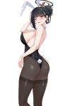  1girl absurdres alternate_breast_size amai-pai animal_ears armpits black_hair black_pantyhose blue_archive breasts highres large_breasts pantyhose playboy_bunny rabbit_ears red_eyes rio_(blue_archive) solo sweat 