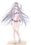  1girl ;o absurdres ahoge arm_up armpits ass_visible_through_thighs bare_arms bare_legs bare_shoulders bikini blue_bikini blue_eyes breasts full_body highres long_hair looking_at_viewer navel nekometaru one_eye_closed parted_lips shibou_yuugi_de_meshi_o_kuu side-tie_bikini_bottom simple_background slippers small_breasts solo standing stomach string_bikini striped striped_bikini swimsuit thighs very_long_hair wet white_background white_hair yuuki_(shibou_yuugi) 