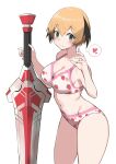  absurdres bikini blonde_hair breasts fate/grand_order fate_(series) food_print gareth_(fate) gareth_(swimsuit_saber)_(fate) gareth_(swimsuit_saber)_(second_ascension)_(fate) highres holding holding_sword holding_weapon large_breasts pink_bikini strawberry_print swimsuit sword weapon yabai_gorilla 