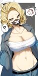  1girl ? arona&#039;s_sensei_doodle_(blue_archive) black_mask blonde_hair blue_archive border breast_pocket breasts chest_sarashi cleavage coat collarbone covered_mouth cowlick flipped_hair flying_sweatdrops forehead furrowed_brow gin_moku grey_background grey_coat hand_in_pocket highres large_breasts looking_at_viewer mask midriff mole mole_on_forehead mouth_mask navel open_clothes open_coat outside_border pocket sarashi sensei_(blue_archive) short_hair simple_background slit_pupils solo spoken_character spoken_question_mark stomach sukeban_(mg)_(blue_archive) tsurime upper_body white_border 