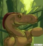  2003 ambiguous_gender anfael anthro clothed clothing colored digital_media_(artwork) dinosaur forest guide_lines jungle plant reptile scales scalie solo topless tree yellow_eyes 