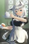  1girl :o ahoge alternate_costume animal_ear_fluff animal_ears blush braid commentary_request cup earrings enmaided fox_ears fox_girl green_eyes hair_between_eyes highres holding holding_cup holding_teapot hololive indoors jewelry long_hair looking_at_viewer maid shirai_yu shirakami_fubuki sidelocks single_braid solo teapot virtual_youtuber white_hair 