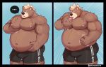  absurd_res animal_humanoid anthro barmaku bear belly big_breasts blonde_hair bottomwear breasts bulge clothing comic digital_media_(artwork) fur hair hi_res hotpants humanoid krum_(barmaku) licking male mammal musclegut muscular nipples overweight overweight_male shorts solo tongue tongue_out 