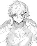  1boy :3 adjusting_eyewear ahoge closed_mouth glasses grey_eyes greyscale highres hood hood_down hoodie hutondeoyasumi kanae_(nijisanji) long_sleeves male_focus monochrome nijisanji short_hair solo sweater turtleneck turtleneck_sweater virtual_youtuber white_background 