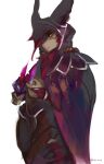  1girl absurdres animal_ears artist_name arvve cape cowboy_shot ears_through_headwear from_side glowing glowing_eyes highres holding holding_weapon hood hood_up league_of_legends long_hair orange_eyes red_cape red_hair simple_background solo weapon white_background xayah 