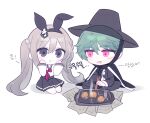  +_+ :d :t animal_ears black_cape black_hairband black_headwear black_pants black_skirt blush braid brown_hair cape character_request chibi closed_mouth fake_animal_ears food food_request g_ieep green_hair grey_eyes hair_between_eyes hairband hands_on_own_face hands_up hat korean_text long_hair long_sleeves maplestory pants pink_eyes pleated_skirt rabbit_ears see-through seiza shirt simple_background sitting skirt smile thick_eyebrows translation_request twintails very_long_hair white_background white_shirt 