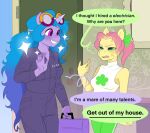  anthro anthrofied aztrial blue_hair clothing cross-popping_vein door earth_pony equid equine eyewear goggles green_eyes hair hasbro horn horse izzy_moonbow_(mlp) mammal mlp_g5 my_little_pony overalls pink_hair pony posey_(g5) purple_eyes sparkles toolbox unicorn 