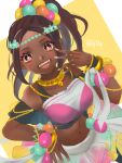  +_+ 1girl artist_name blush bracelet breasts curtained_hair dark-skinned_female dark_skin fire_emblem fire_emblem_engage jewelry looking_at_viewer medium_breasts navel ponytail red_eyes simple_background smile solo teeth timerra_(fire_emblem) upper_teeth_only yellow_background zqzbq 