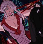  1boy fingerless_gloves gloves guilty_gear guilty_gear_xrd hand_up heterochromia highres horns looking_at_viewer multicolored_background raven_(guilty_gear) shirt single_horn sleeveless sleeveless_shirt smile solo_focus tongue tongue_out white_hair 