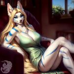  1:1 alanora anthro blonde_hair breasts canid canine canis clothing digital_media_(artwork) dress female fluffy full-length_portrait fur hair hi_res inia mammal portrait pose solo white_body white_fur wolf 