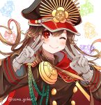  1girl blush cape closed_mouth facing_viewer family_crest fate/grand_order fate_(series) gloves hat hi_(wshw5728) highres long_sleeves medallion military_hat military_uniform mini_nobu_(fate) oda_nobunaga_(fate) oda_uri one_eye_closed peaked_cap portrait red_cape red_eyes smile solo uniform v white_background 