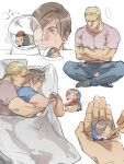  ... 2boys bara bed blonde_hair blue_eyes blue_shirt brown_hair chibi closed_eyes couple hug indian_style jack_krauser large_pectorals leon_s._kennedy looking_at_another lying male_focus multiple_boys muscular muscular_male on_bed on_side pectorals pink_shirt resident_evil resident_evil_4 resident_evil_4_(remake) shirt short_hair sitting sleeping tatsumi_(psmhbpiuczn) yaoi 