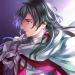  1boy armor black_hair cloak closed_mouth commentary constantine_xi_(fate) earrings expressionless fate/grand_order fate_(series) gradient_background grey_eyes hair_between_eyes heki0529 jewelry light_particles long_hair looking_to_the_side male_focus profile purple_background solo tassel upper_body white_armor white_cloak 