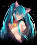  1girl :p animal_ears aqua_eyes aqua_hair bare_shoulders bell blush breasts collar convenient_censoring ear_piercing earrings hair_censor hair_over_breasts hatsune_miku heart heart_earrings highres jewelry jingle_bell kemonomimi_mode long_hair looking_at_viewer neck_bell no_bra nozomiyuyu number_tattoo off_shoulder open_clothes piercing small_breasts solo tattoo tongue tongue_out twitter_username upper_body very_long_hair vocaloid 