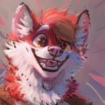  2022 abstract_background anthro brown_hair bust_portrait cheek_tuft digital_media_(artwork) digital_painting_(artwork) facial_tuft fangs fur hair happy hi_res inner_ear_fluff latrans male neck_tuft orange_eyes pink_nose pink_tongue portrait red_body red_fur red_hair solo teeth tongue tuft white_body white_fur 