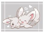  :3 ^_^ animal_focus black_eyes blush blush_stickers border cinccino closed_eyes closed_mouth commentary_request full_body grey_background grey_theme happy heart highres hug lying monochrome neko_gyoza no_humans on_stomach one_eye_closed open_mouth partial_commentary pokemon pokemon_(creature) simple_background smile white_border 