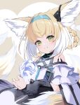  1girl absurdres animal_ear_fluff animal_ears arknights bare_shoulders black_gloves blonde_hair blue_hairband braid brown_background c309657344 commentary_request fox fox_ears fox_girl fox_tail gloves green_eyes hair_rings hairband highres kitsune multicolored_hair o-ring orb shirt single_glove smile solo suzuran_(arknights) tail twin_braids two-tone_background two-tone_hair upper_body white_background white_hair white_shirt 
