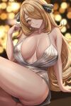  1girl abpart black_nails blonde_hair breasts cleavage cynthia_(pokemon) dress earrings english_commentary hair_ornament hair_over_one_eye highres jewelry large_breasts long_hair looking_at_viewer pokemon pokemon_(game) pokemon_dppt sitting smile solo thighs very_long_hair white_dress 