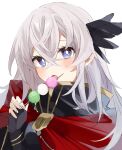  1girl blue_eyes bright_pupils cape dango eating fate/grand_order fate_(series) fingerless_gloves food gloves grey_hair highres long_hair ooo00_cha red_cape saika_magoichi_(fate) sanshoku_dango wagashi white_background white_pupils 