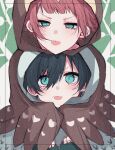  2boys :p aged_down black_hair blue_eyes blue_lock brothers closed_mouth cosplay green_background highres itoshi_rin itoshi_sae kigurumi looking_at_viewer male_focus multiple_boys natsuneco_02 red_hair short_hair siblings tongue tongue_out upper_body v-shaped_eyebrows 
