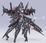  1girl absurdres armor bayonet bodysuit brown_hair commentary_request covered_navel forehead_protector full_body grey_background gun headgear highres holding holding_gun holding_weapon mecha_musume missile_pod original purple_eyes rifle skin_tight solo standing tamasi thrusters tube weapon 