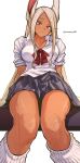  1girl :/ absurdres animal_ears aosora2823 blush boku_no_hero_academia bow bowtie breasts collarbone collared_shirt commentary dark-skinned_female dark_skin grey_skirt highres large_breasts long_eyelashes long_hair looking_at_viewer loose_socks mirko parted_bangs plaid plaid_bow plaid_bowtie rabbit_ears rabbit_girl raised_eyebrows red_bow red_bowtie red_eyes school_uniform shirt sitting skirt sleeves_rolled_up socks solo symbol-only_commentary thighs twitter_username very_long_hair white_background white_hair white_shirt 